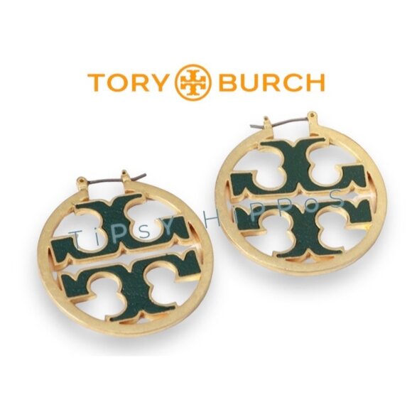 Authentic Tory Burch Miller Hoops in Hunter Green and Gold - Picture 1 of 6